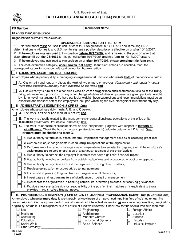 DS-5105 Fair Labor Standards Act (FLSA) Worksheet Preview on Page 1