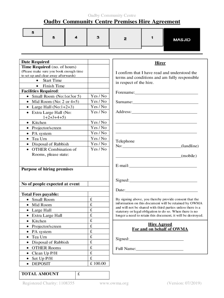 Fillable Online owma org Pavilion and community centre booking form