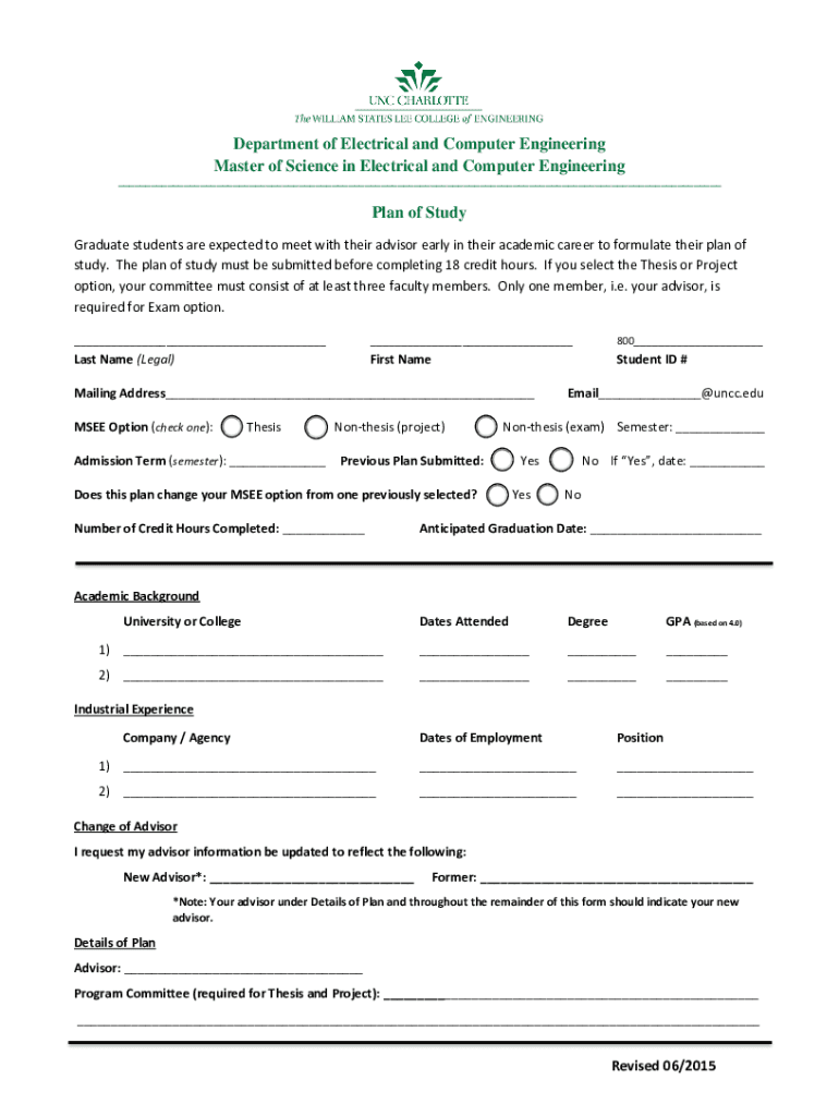 Fillable Online ECE Master of Science Plan of Study Form Fax Email