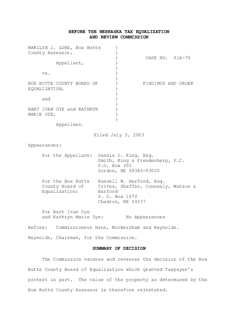 Fillable Online terc nebraska 01A70 LoreBox Butte and Dye.pdf Fax Email Print pdfFiller