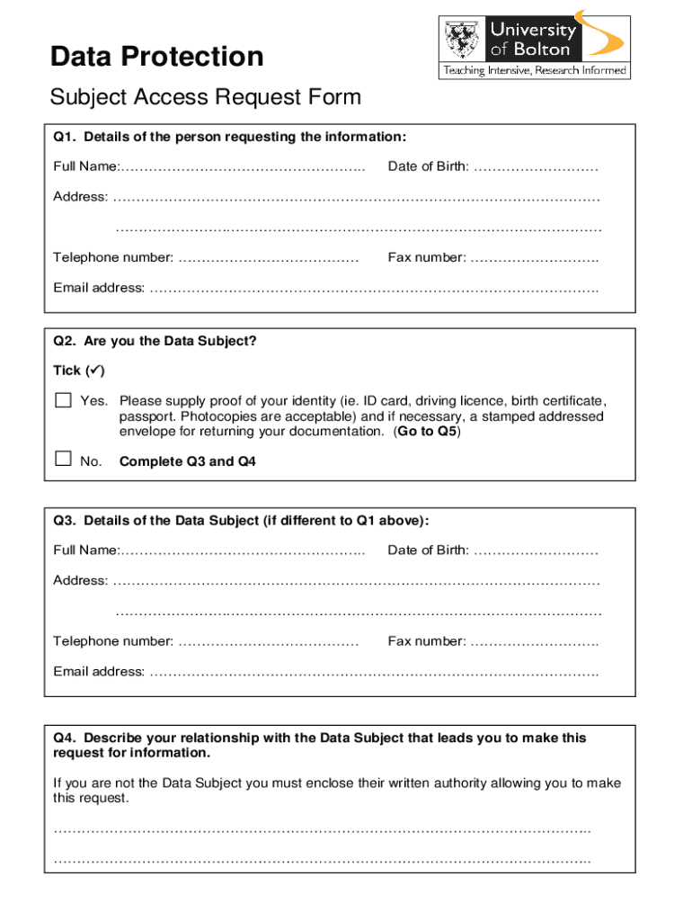 Fillable Online Data Protection - Subject Access Request Form Fax Email ...