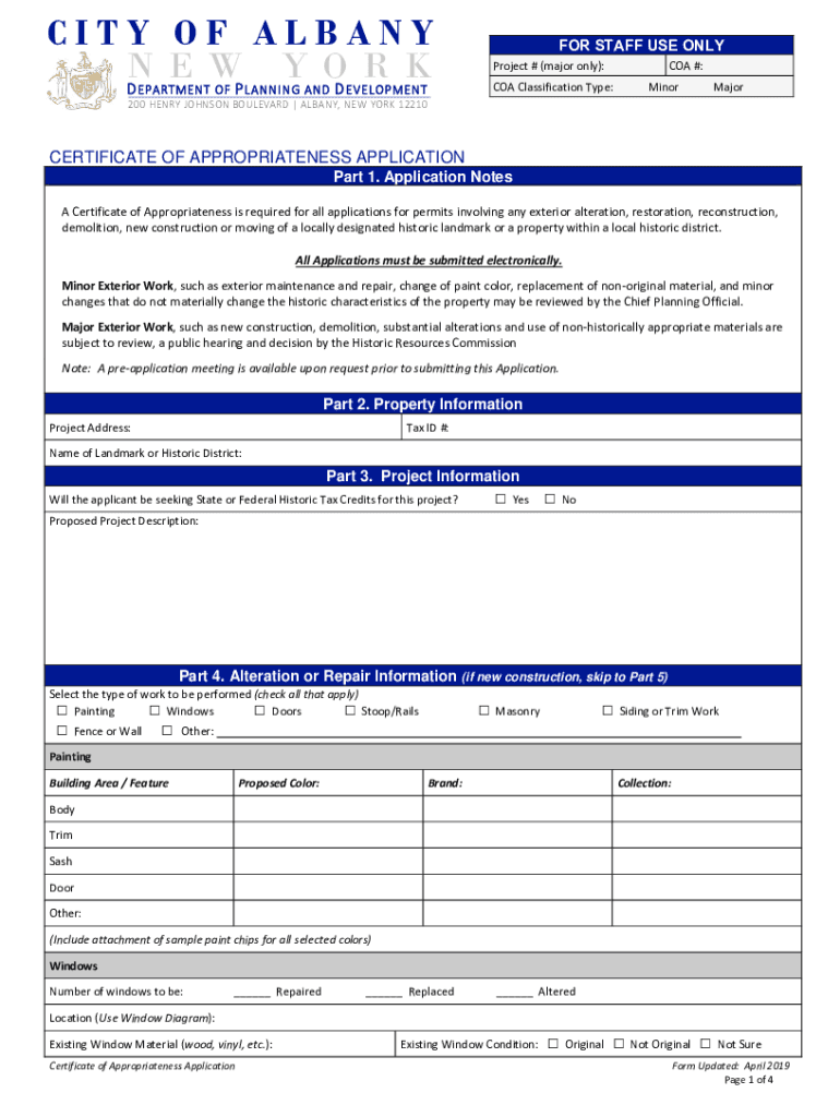 Fillable Online Certificate of Appropriateness Application Albany, NY