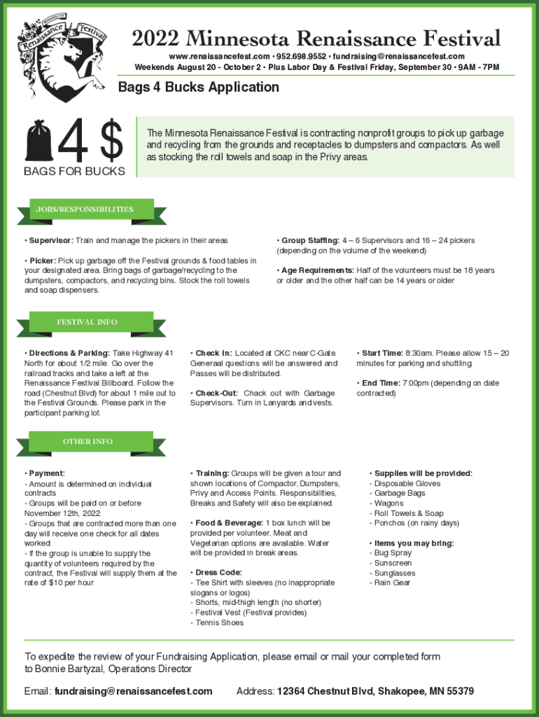 Fillable Online Bags for Bucks 2022 Minnesota Renaissance Festival