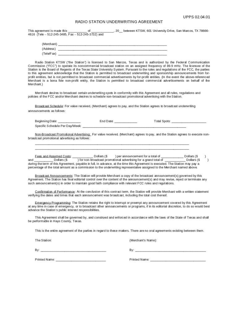 RADIO STATION UNDERWRITING AGREEMENT gatodocs its txstate Doc