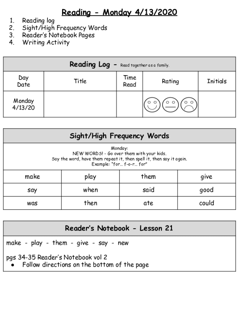 Fillable Online Reading log Fax Email Print pdfFiller