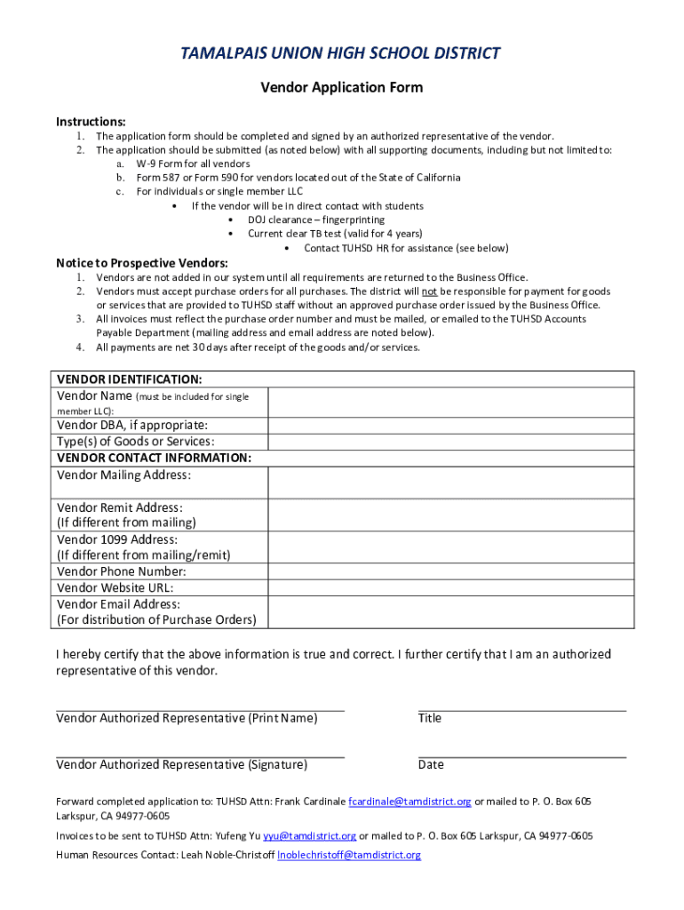Fillable Online Vendor Application Form Tamalpais Union High School