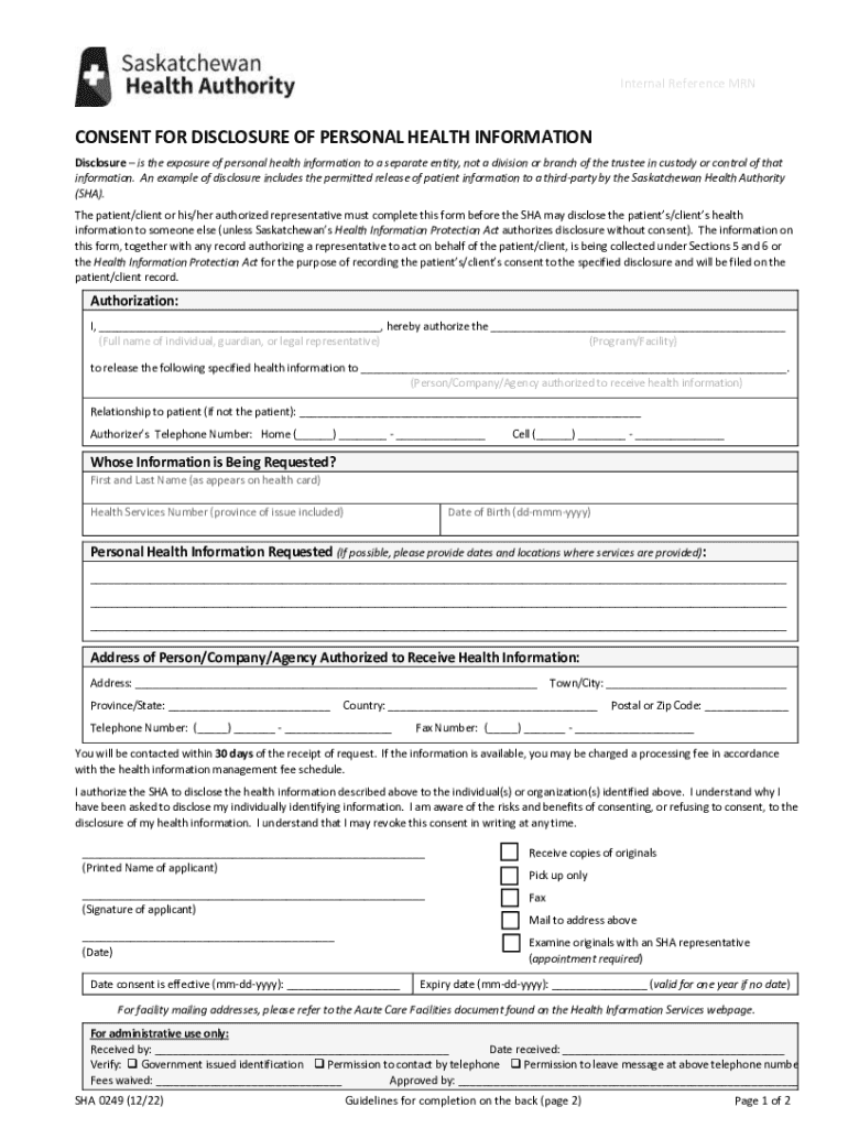 SHA 0249 Consent for Disclosure of Personal Health Information Preview on Page 1