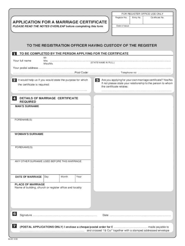 Fillable Online Marriage Certificate Application form. Marriage