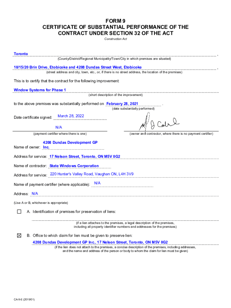 Fillable Online FORM 9 Release of Holdback Certificate of