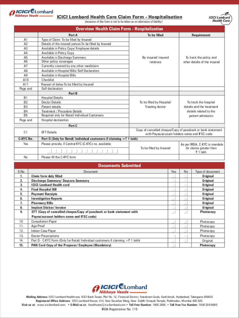 Fillable Online Icici lombard health care claim form filled sample