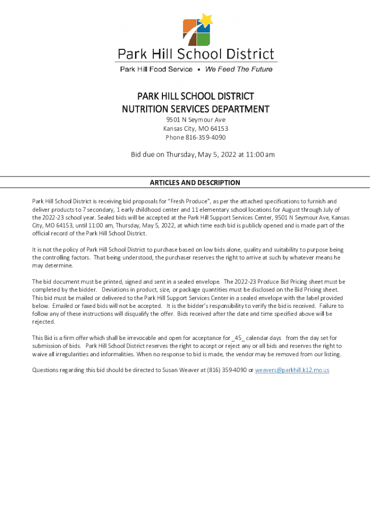 Fillable Online PARK HILL SCHOOL DISTRICT NUTRITION SERVICES Fax