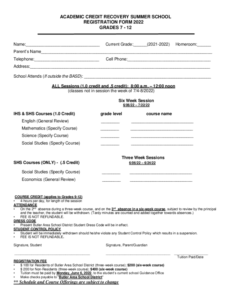 Fillable Online Summer School Credit Recovery Registration Form Fax