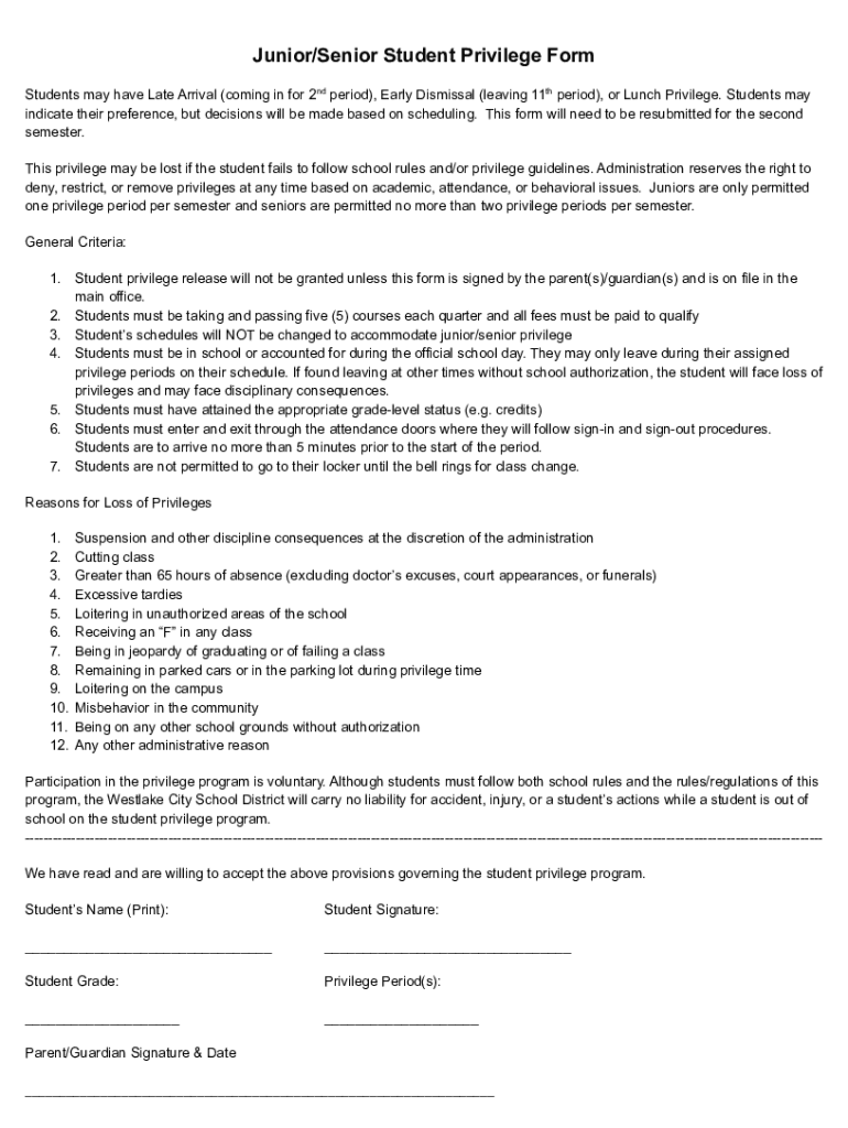 Fillable Online Junior/Senior Student Privilege Form Fax Email Print ...