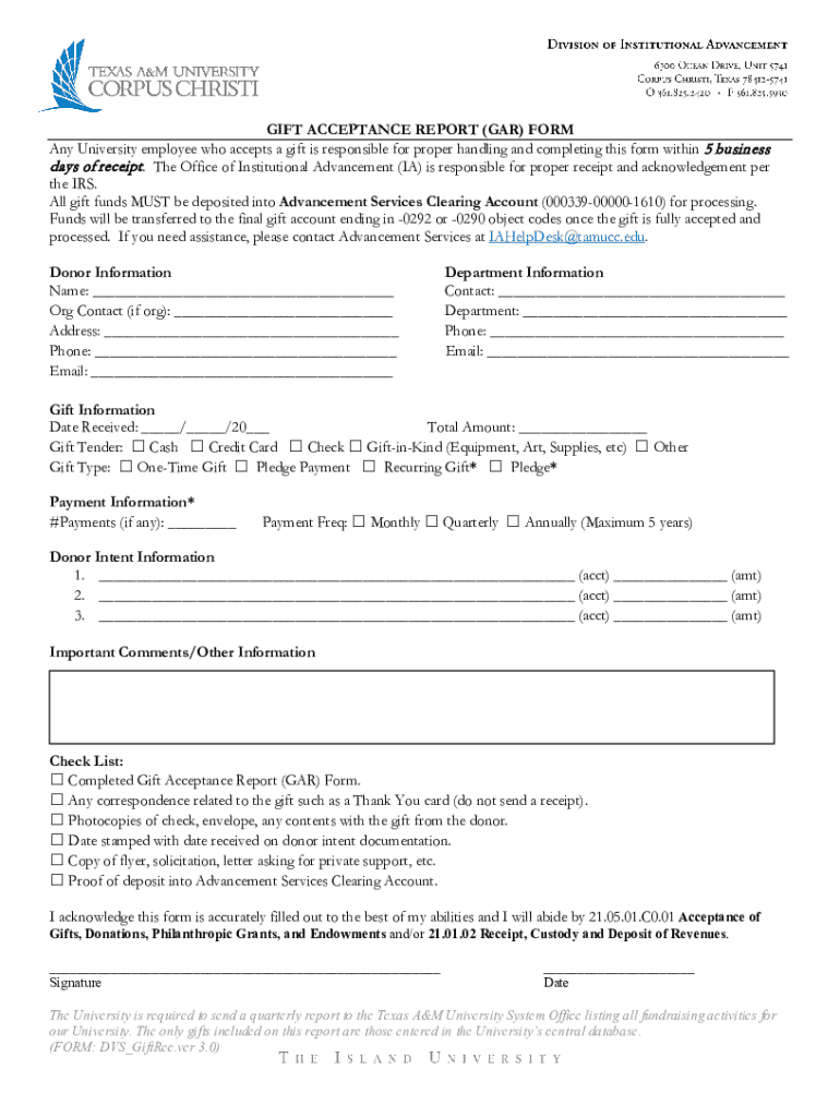 Fillable Online GIFT ACCEPTANCE REPORT (GAR) FORM tamucc.edu Fax