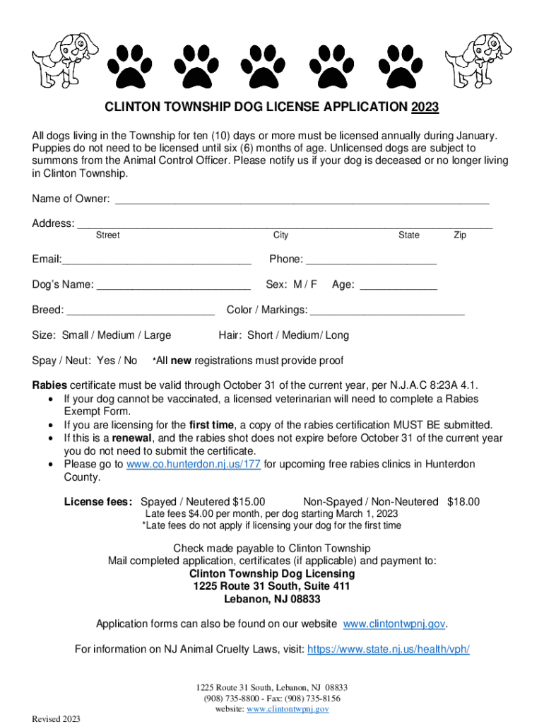Fillable Online CLINTON TOWNSHIP DOG LICENSE APPLICATION Fax Email