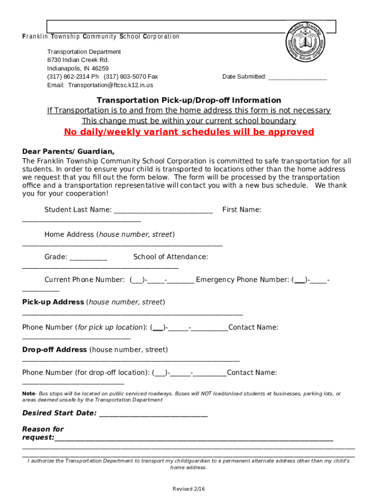 Pickup/Dropoff Request Doc Template pdfFiller