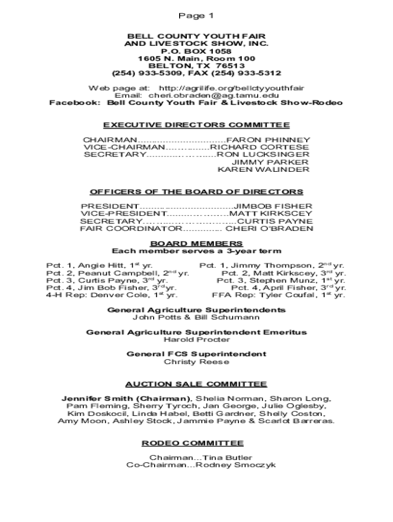 Fillable Online BELL COUNTY YOUTH FAIR AND Texas A&M AgriLife Fax