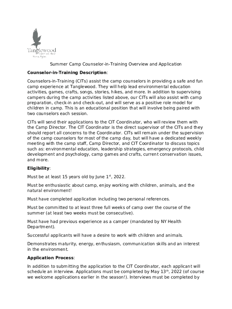 Summer Camp CounselorinTraining Overview and Application Doc Template