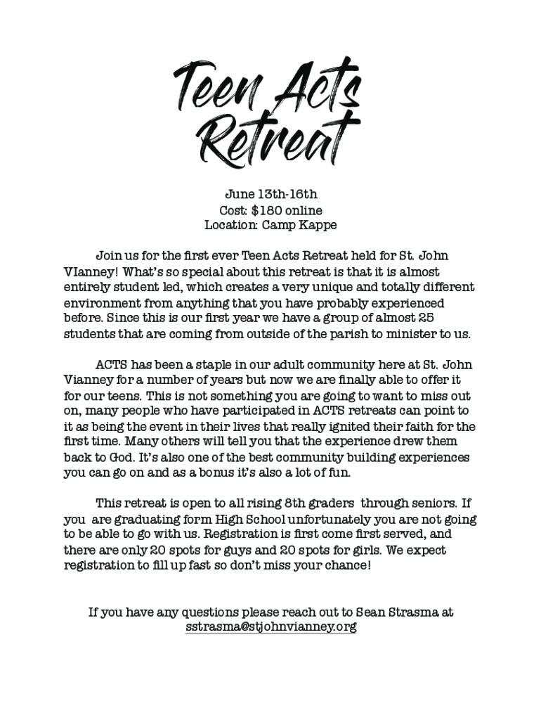 Fillable Online Teen ACTS Retreat San Martin De Porres Catholic