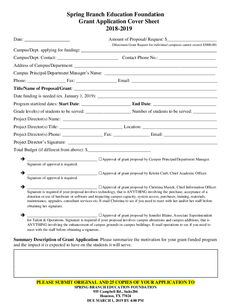 Fillable Online Spring Branch Education Foundation Grant Application
