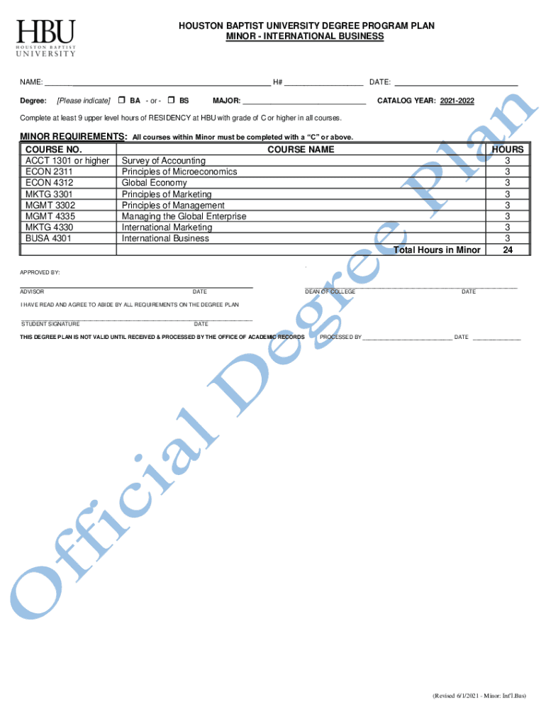 Fillable Online houston baptist university degree program plan minor
