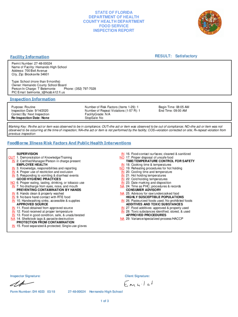 Fillable Online State of Florida Department of Health Food Service Inspection Report Fax Email