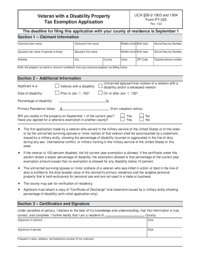 Fillable Online propertytax utah PT25, Veteran with a Disability