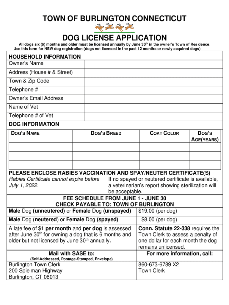 Fillable Online town of burlington connecticut dog license application Fax Email Print pdfFiller