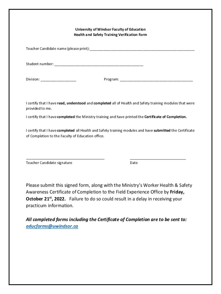 Fillable Online Health and Safety Training Verification Form Fax Email