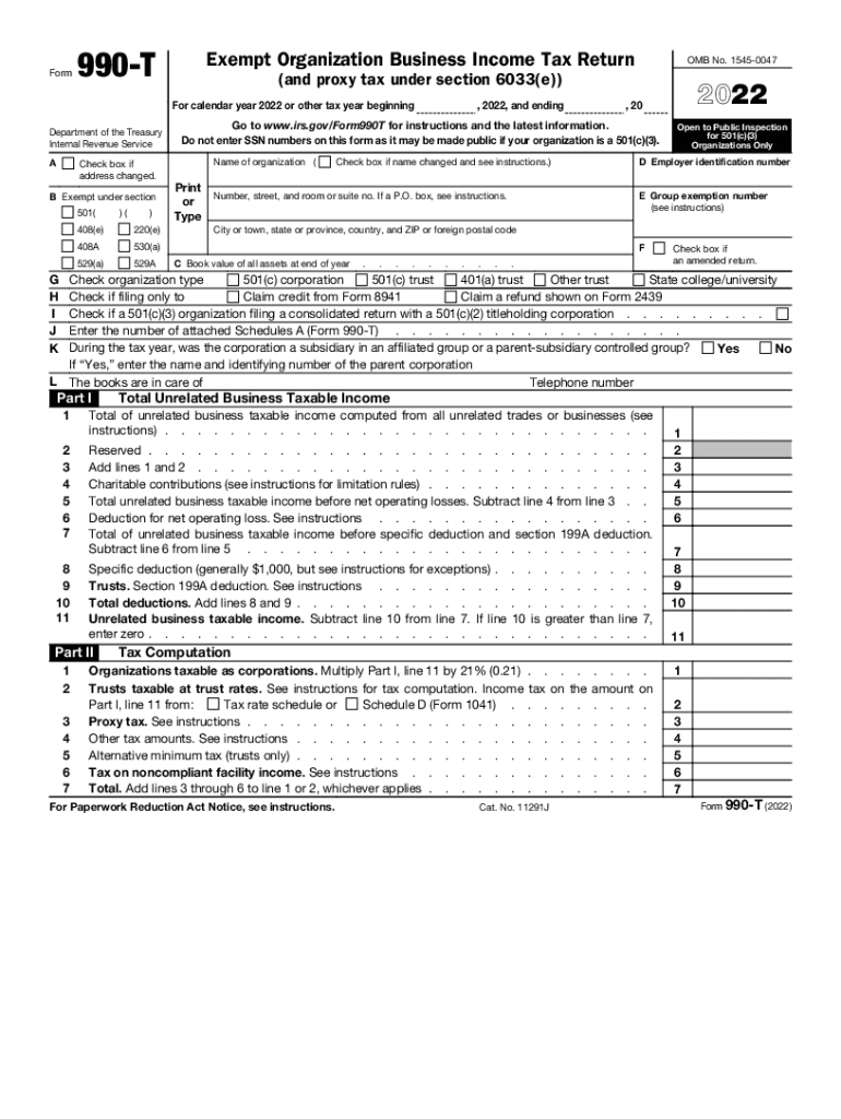 2022 Form 990-T. Exempt Organization Business Income Tax Return (and proxy tax under section 6033(e)) Preview on Page 1