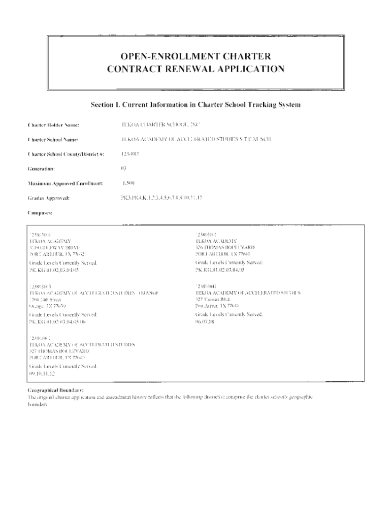 Fillable Online castro tea state tx Charter renewal TEKOA ACADEMY OF