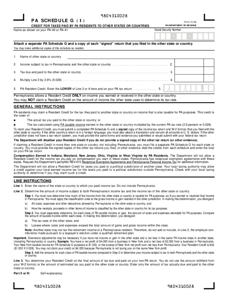 Fillable Online 1998 PA Schedule G (PA40 G) PA Department of Revenue