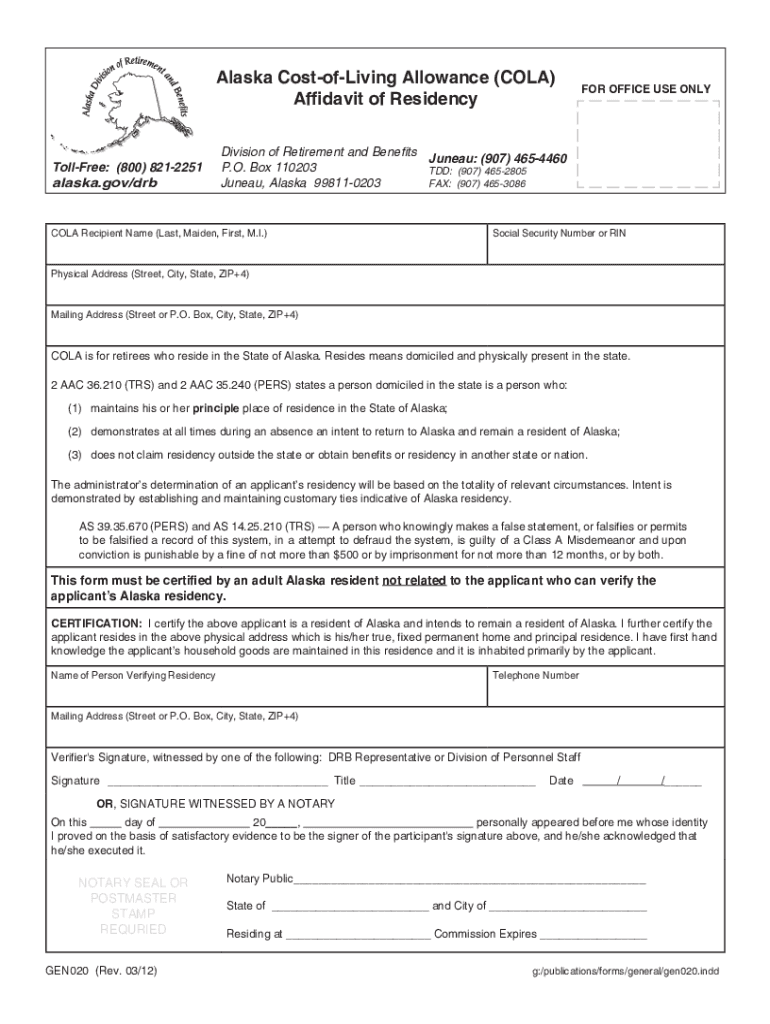 Alaska Cost-of-Living Allowance (COLA) Affidavit of Residency Preview on Page 1