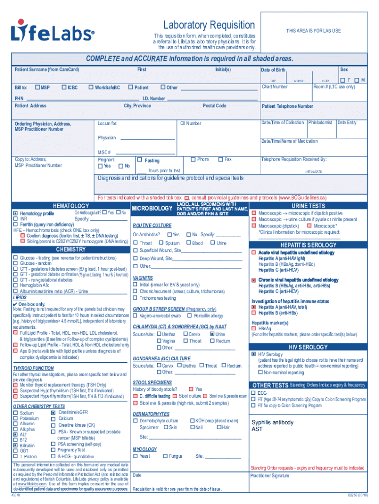 Lab Requisition Form Bc - Fill Online, Printable, Fillable, Blank Preview on Page 1