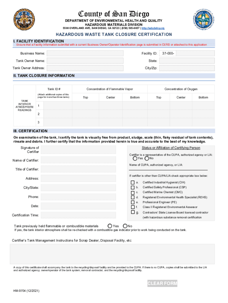 Fillable Online Hazardous Waste Tank Closure Certificate Fax Email