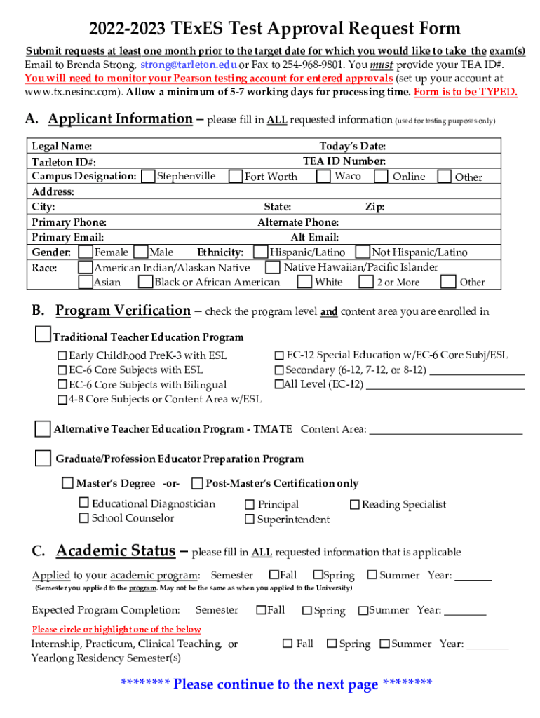 TExES Test Approval Request Form - Blank Fillable Template | Fill Out ...