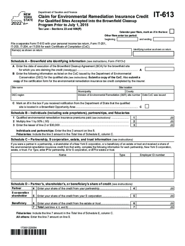 Form IT-613 Claim For Environmental Remediation Insurance Credit ... Preview on Page 1