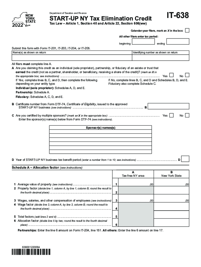 Form IT-638 START-UP NY Tax Elimination Credit Tax Year ... Preview on Page 1