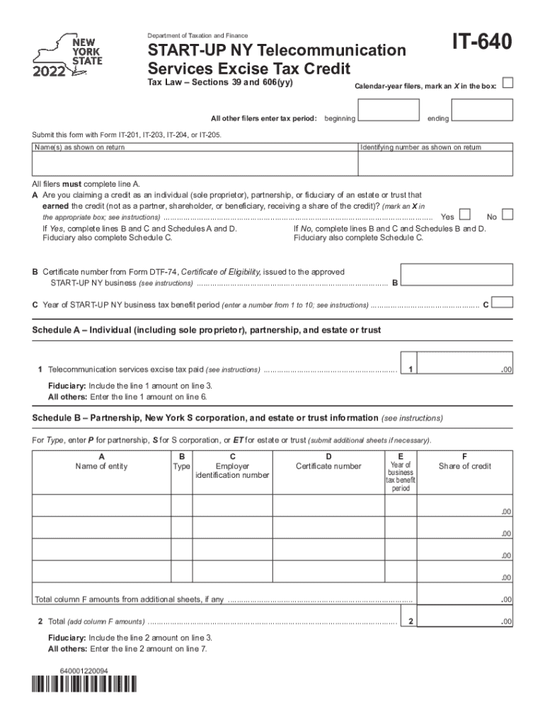 Form IT-640 START-UP NY Telecommunication Services Excise Tax Credit Tax Year 2022 Preview on Page 1