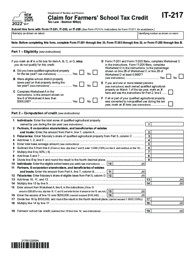 Form IT-217 Fillable Claim for Farmers' School Tax Credit Preview on Page 1