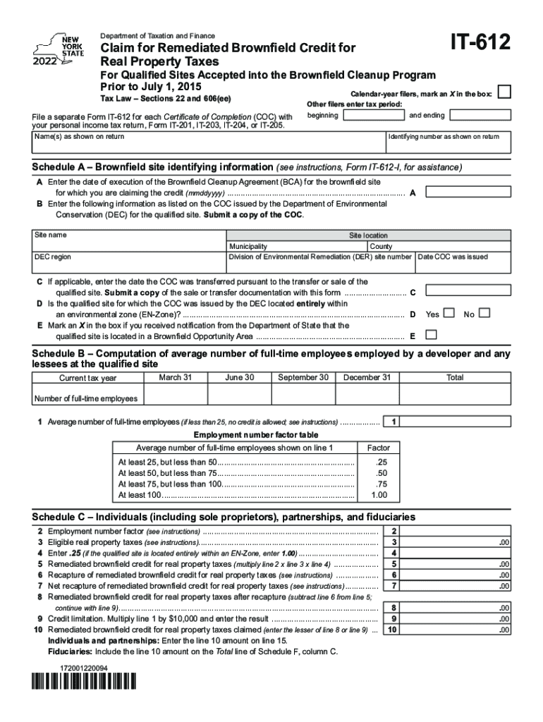 Form IT-612 Claim for Remediated Brownfield Credit for Real Property Taxes Tax Year 2021 Preview on Page 1