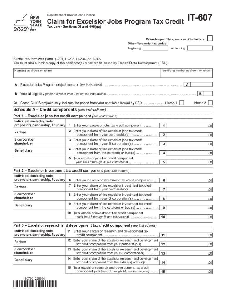 Form IT-607 Claim for Excelsior Jobs Program Tax Credit Tax Year 2022 Preview on Page 1