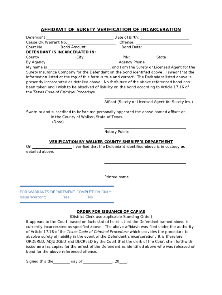Affidavit Of Incarceration - El Paso County Doc Template | pdfFiller