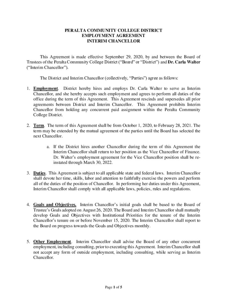 Fillable Online peralta community college district employment agreement