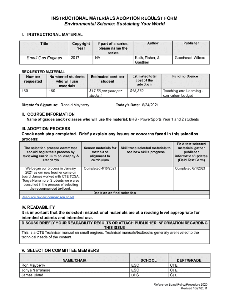 Fillable Online PowerSports (CTE) Instructional Materials Adoption