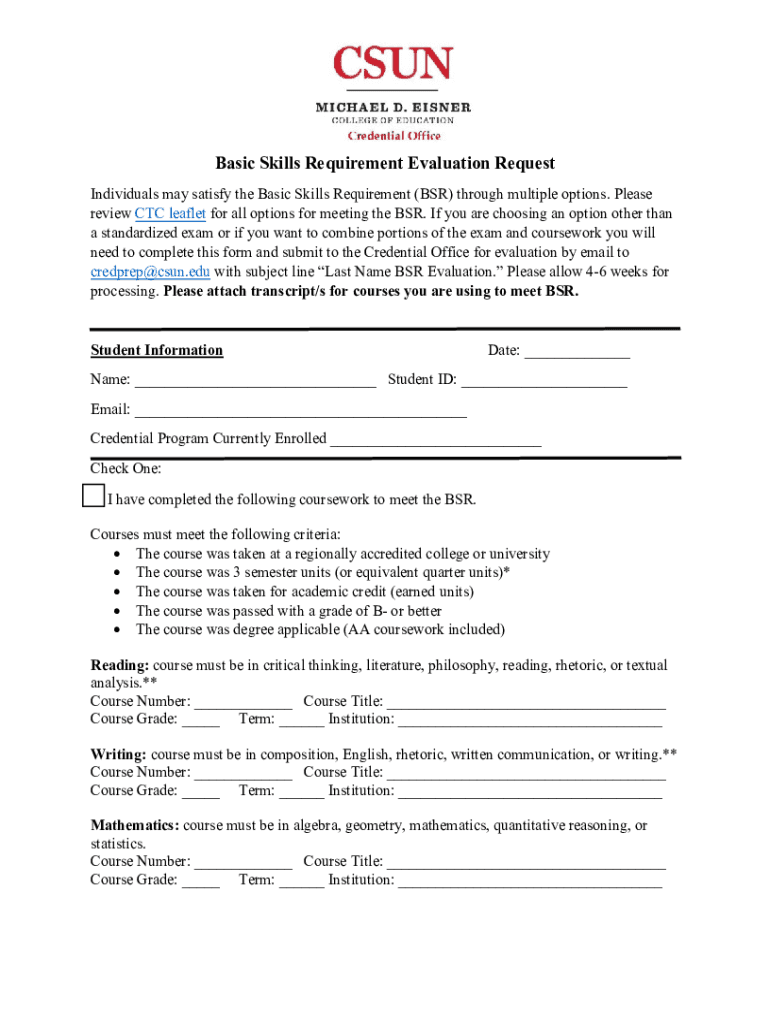Fillable Online Basic Skills Requirement Evaluation Request Individuals may Fax Email Print