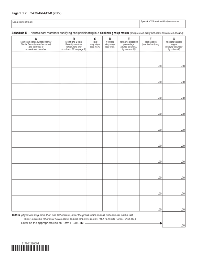 Form IT-203-TM-ATT-B Schedule B - Group Return for Nonresident Athletic Team Members Tax Year 2022 Preview on Page 1