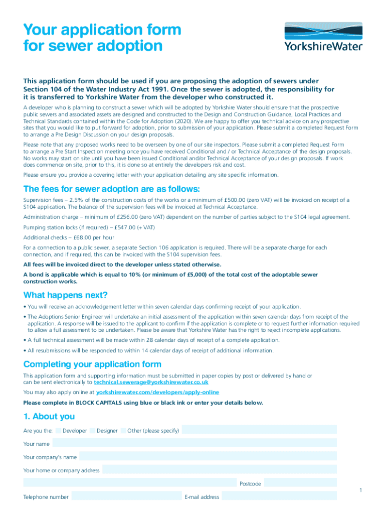 Fillable Online Yorkshire Water Application for sewer adoption