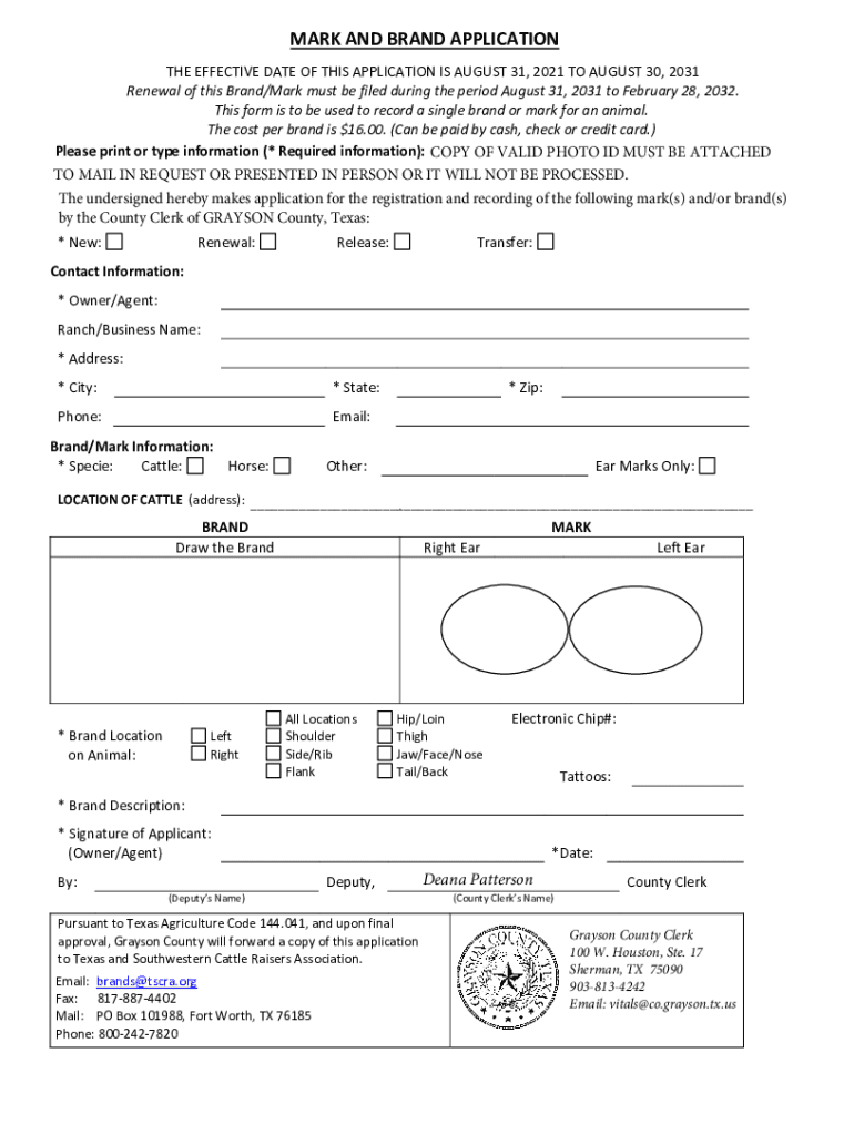Fillable Online MARK AND BRAND APPLICATION Franklin County, Texas Fax
