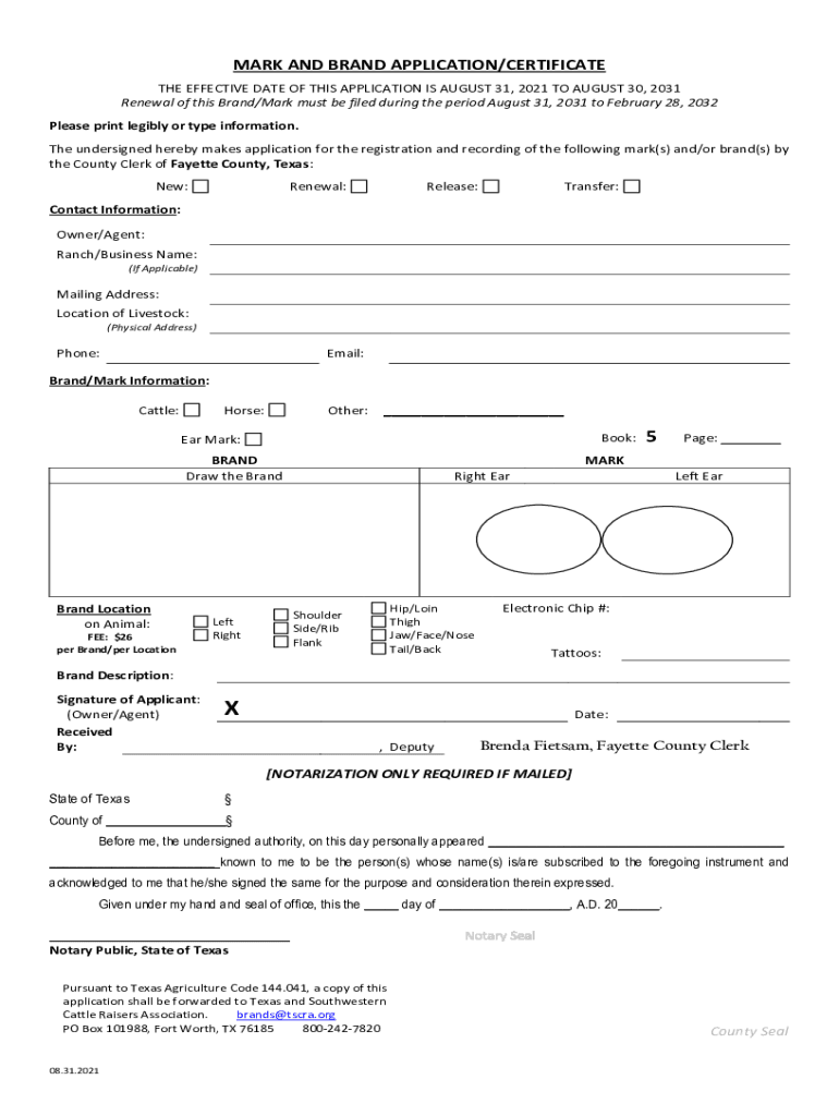 Fillable Online mark and brand application Randall County Fax Email